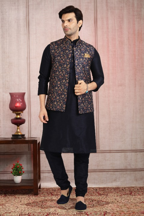 Raivat Ethnic Art Banarasi Silk Printed Work 3 Pics Jacket Set In Blue Colour | Grocsy