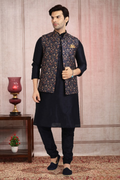 Raivat Ethnic Art Banarasi Silk Printed Work 3 Pics Jacket Set In Blue Colour | Grocsy