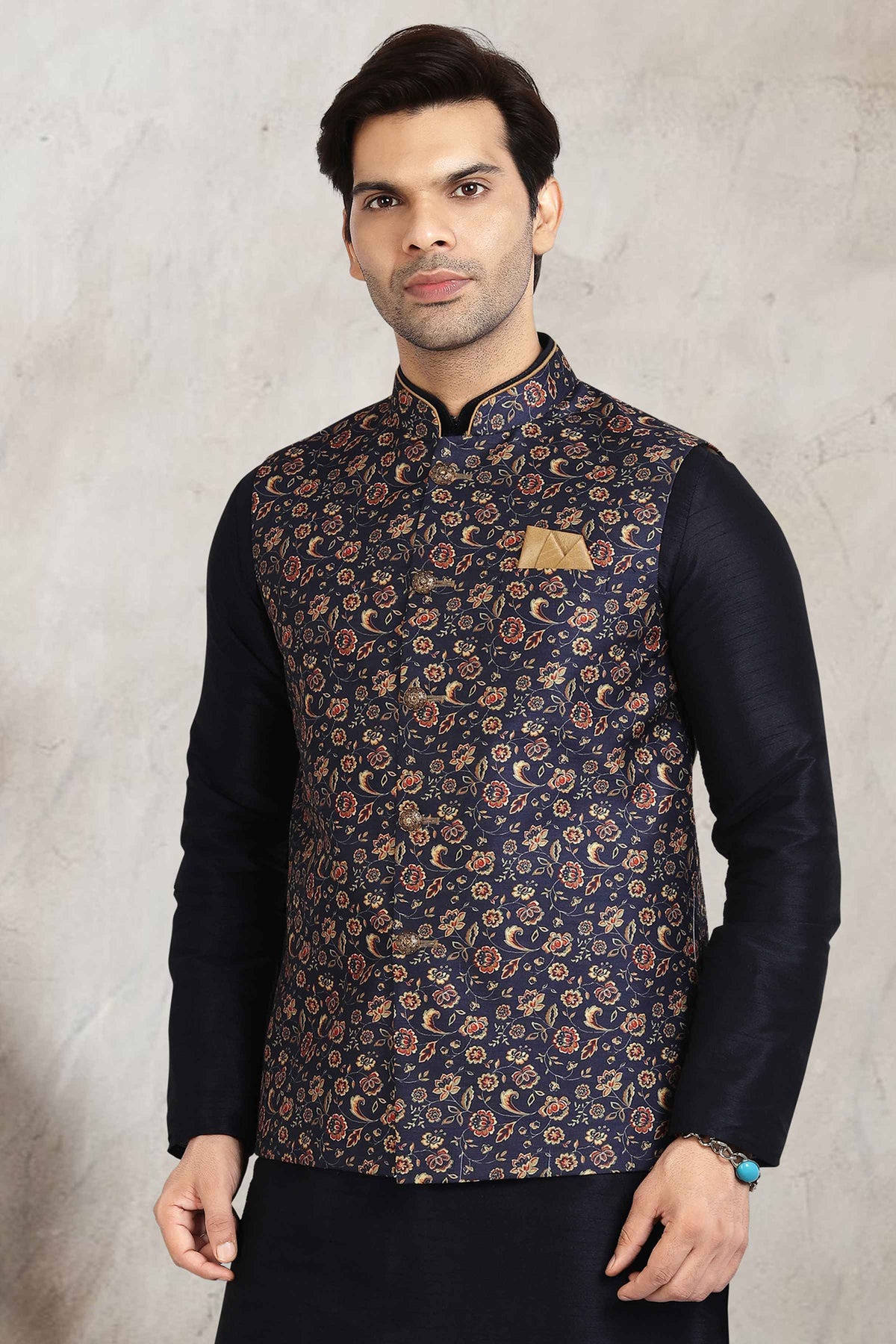 Raivat Ethnic Art Banarasi Silk Printed Work 3 Pics Jacket Set In Blue Colour | Grocsy
