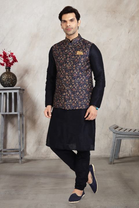 Raivat Ethnic Art Banarasi Silk Printed Work 3 Pics Jacket Set In Blue Colour | Grocsy