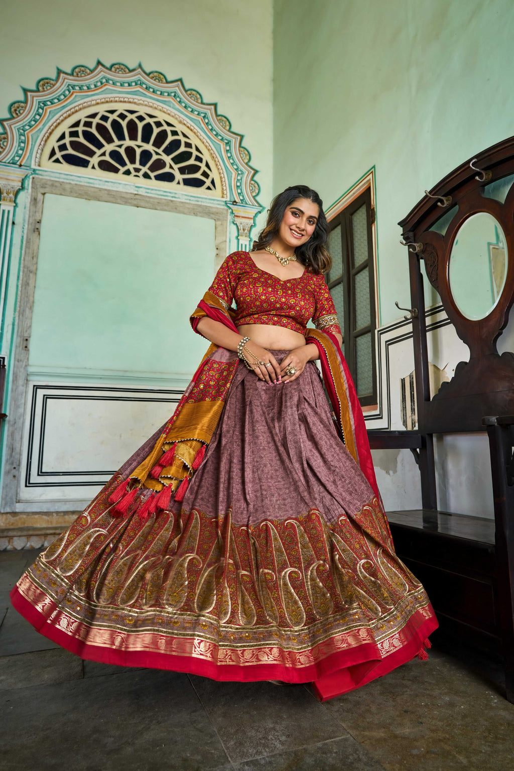 Lorenvalley Fashion Multicolor Tasar Silk Kashmiri Print With Foil Print Lehenga Choli with Dupatta | Grocsy