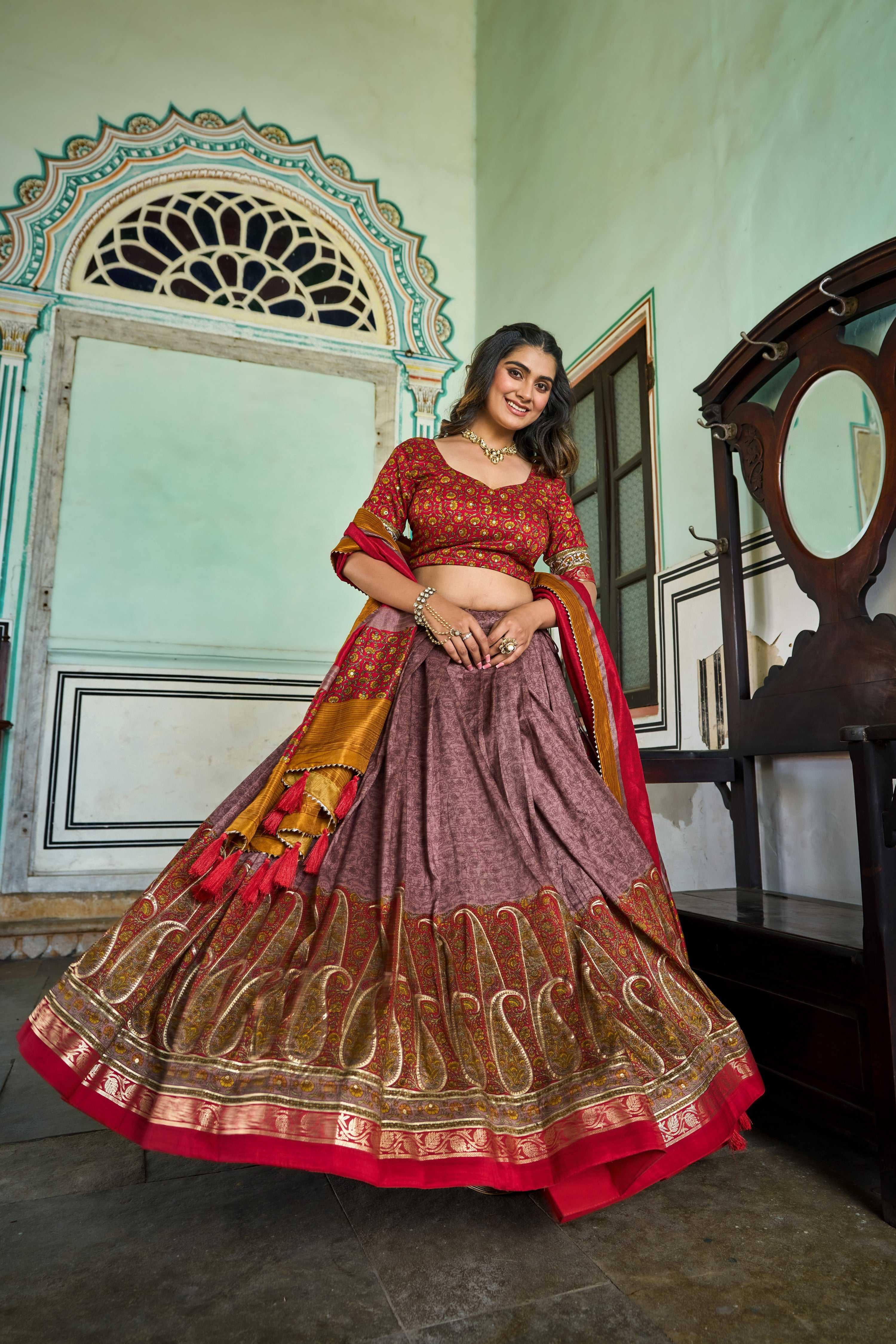 Lorenvalley Fashion Multicolor Tasar Silk Kashmiri Print With Foil Print Lehenga Choli with Dupatta | Grocsy