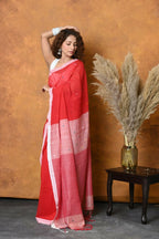 Very Much Indian Pure Cotton Handloom Saree with Buttis & Sleek Border - Red | Grocsy