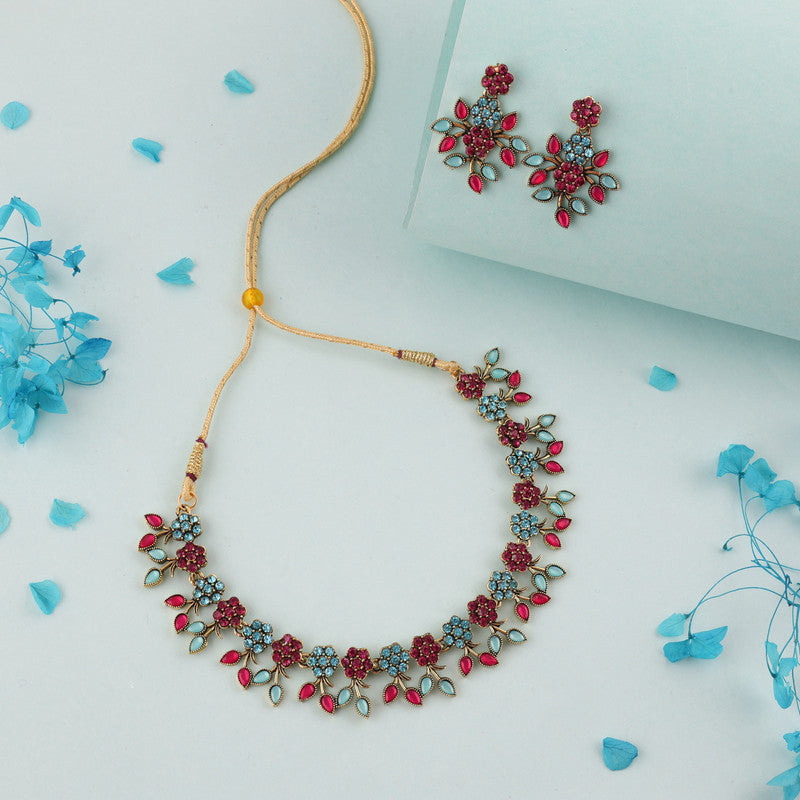 Tehzeeb Creations Brass Gold-Polished Gold, Pink, Blue Jewel Set | Grocsy