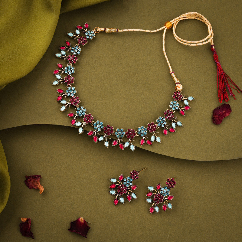 Tehzeeb Creations Brass Gold-Polished Gold, Pink, Blue Jewel Set | Grocsy
