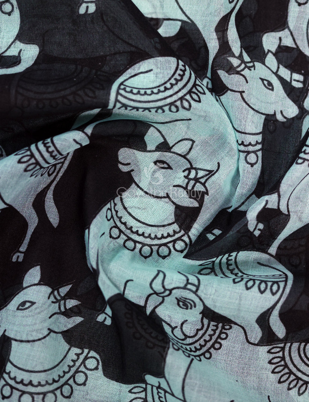 Gleaming Sea Blue And Black Pichwai Print Cotton Linen Saree By Gayathri Reddy Designer Studio | Grocsy