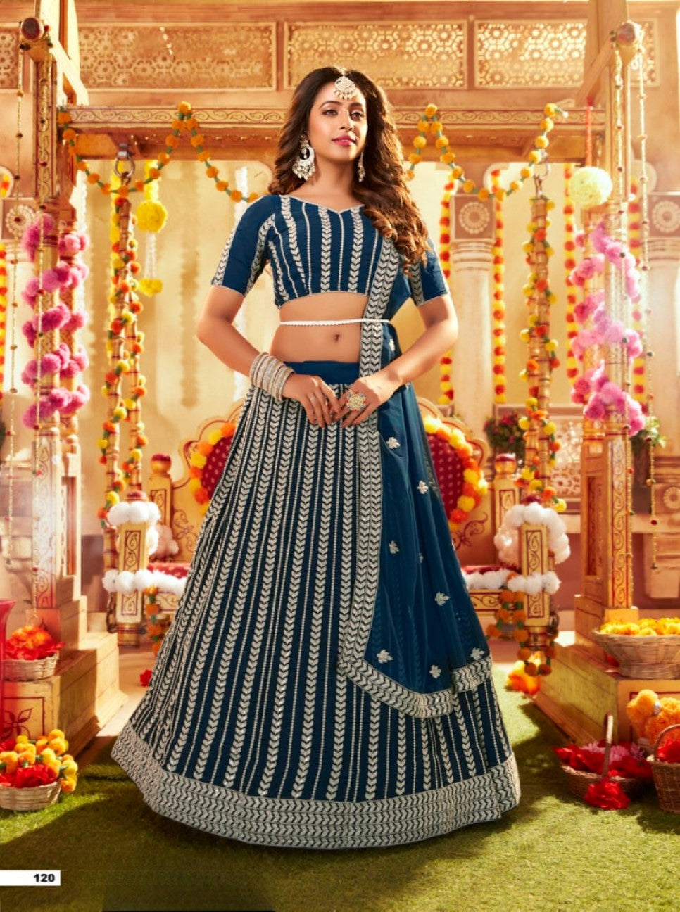 Anaita Teal-Blue Georgette Lehenga Choli With Sequence & Thread Work | Grocsy