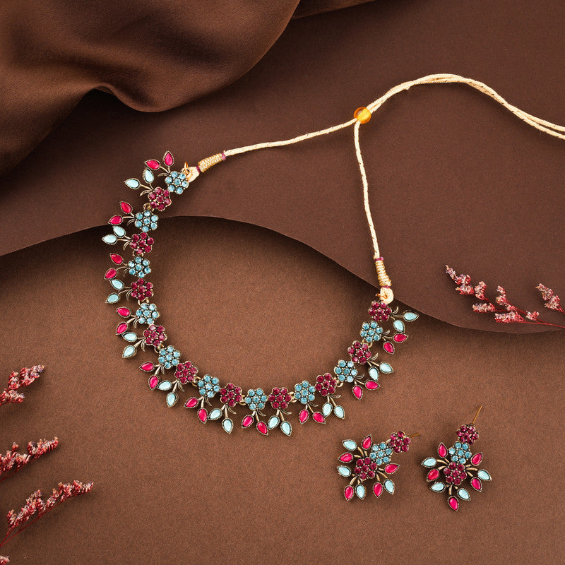 Tehzeeb Creations Brass Gold-Polished Gold, Pink, Blue Jewel Set | Grocsy