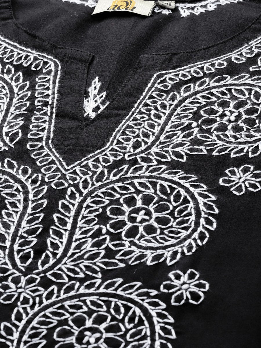 ADA Women Plus Size Black & White Chikankari Hand Embroidered Sustainable Straight Kurta | Grocsy
