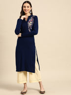 Sangria Women Navy Blue & White Floral Acrylic Straight Winter Kurta | Grocsy