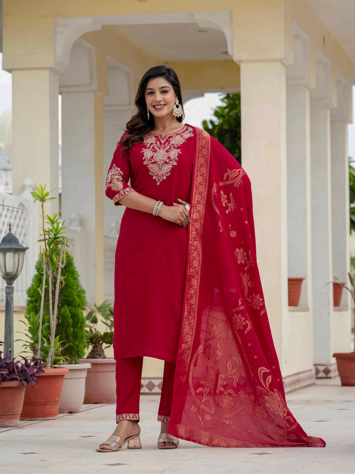 Vedant Vastram Roman Silk Embroidery & Sequence Work Stitched Kurta Pant Dupatta Set-Maroon | Grocsy