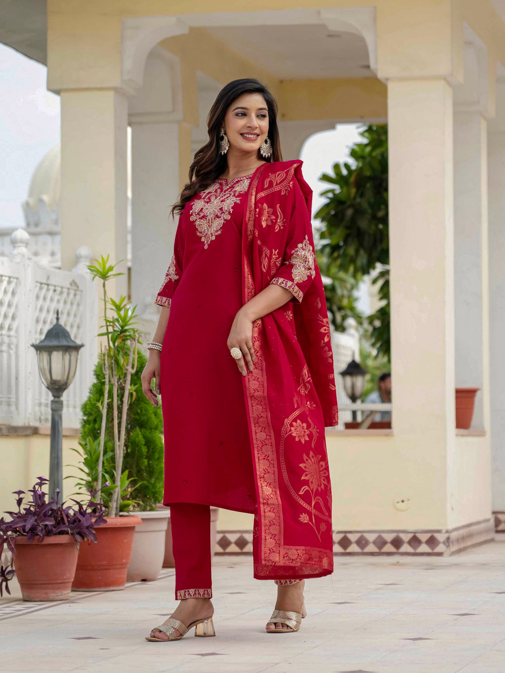 Vedant Vastram Roman Silk Embroidery & Sequence Work Stitched Kurta Pant Dupatta Set-Maroon | Grocsy