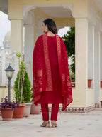 Vedant Vastram Roman Silk Embroidery & Sequence Work Stitched Kurta Pant Dupatta Set-Maroon | Grocsy