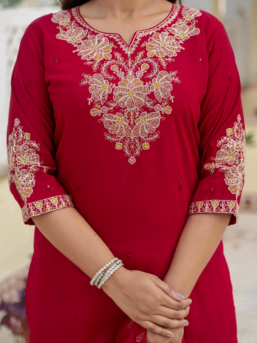 Vedant Vastram Roman Silk Embroidery & Sequence Work Stitched Kurta Pant Dupatta Set-Maroon | Grocsy