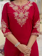Vedant Vastram Roman Silk Embroidery & Sequence Work Stitched Kurta Pant Dupatta Set-Maroon | Grocsy