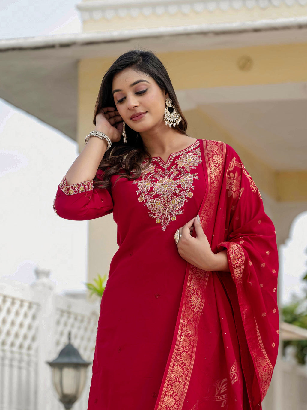 Vedant Vastram Roman Silk Embroidery & Sequence Work Stitched Kurta Pant Dupatta Set-Maroon | Grocsy
