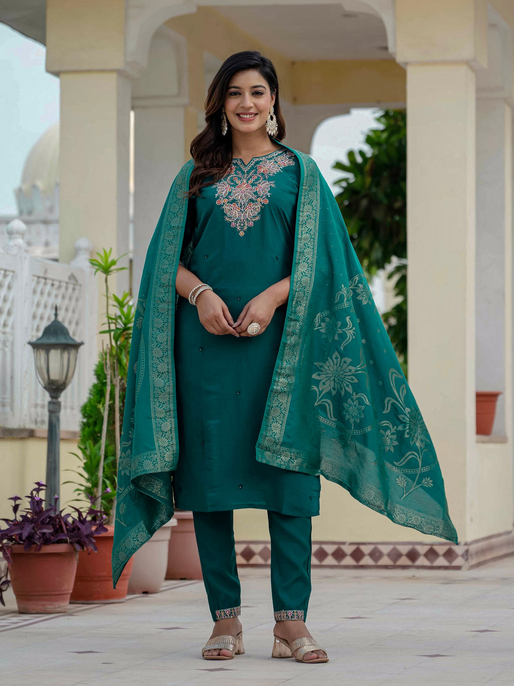 Vedant Vastram Roman Silk Embroidery & Sequence Work Stitched Kurta Pant Dupatta Set-Rama Green | Grocsy