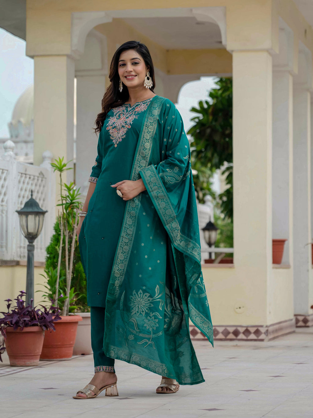 Vedant Vastram Roman Silk Embroidery & Sequence Work Stitched Kurta Pant Dupatta Set-Rama Green | Grocsy