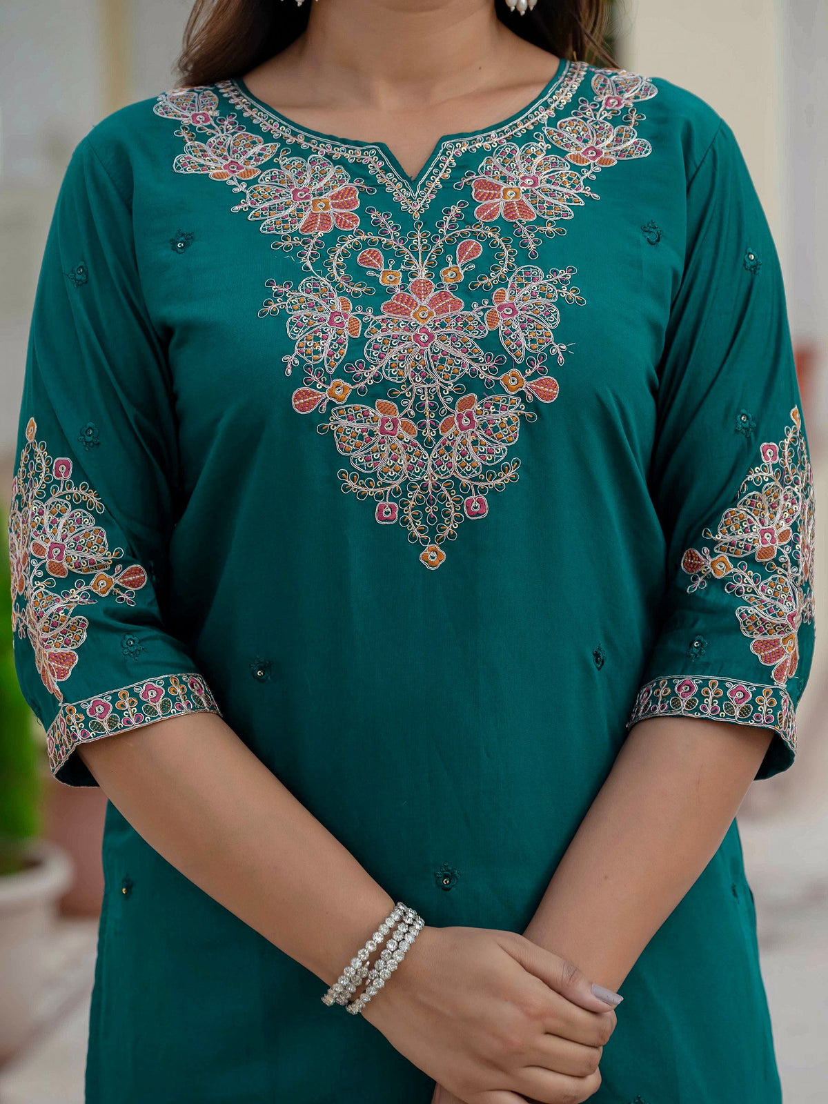 Vedant Vastram Roman Silk Embroidery & Sequence Work Stitched Kurta Pant Dupatta Set-Rama Green | Grocsy