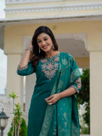 Vedant Vastram Roman Silk Embroidery & Sequence Work Stitched Kurta Pant Dupatta Set-Rama Green | Grocsy