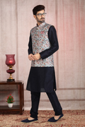 Raivat Ethnic Art Banarasi Silk Printed Work 3 Pics Jacket Set In Sky Blue Colour | Grocsy