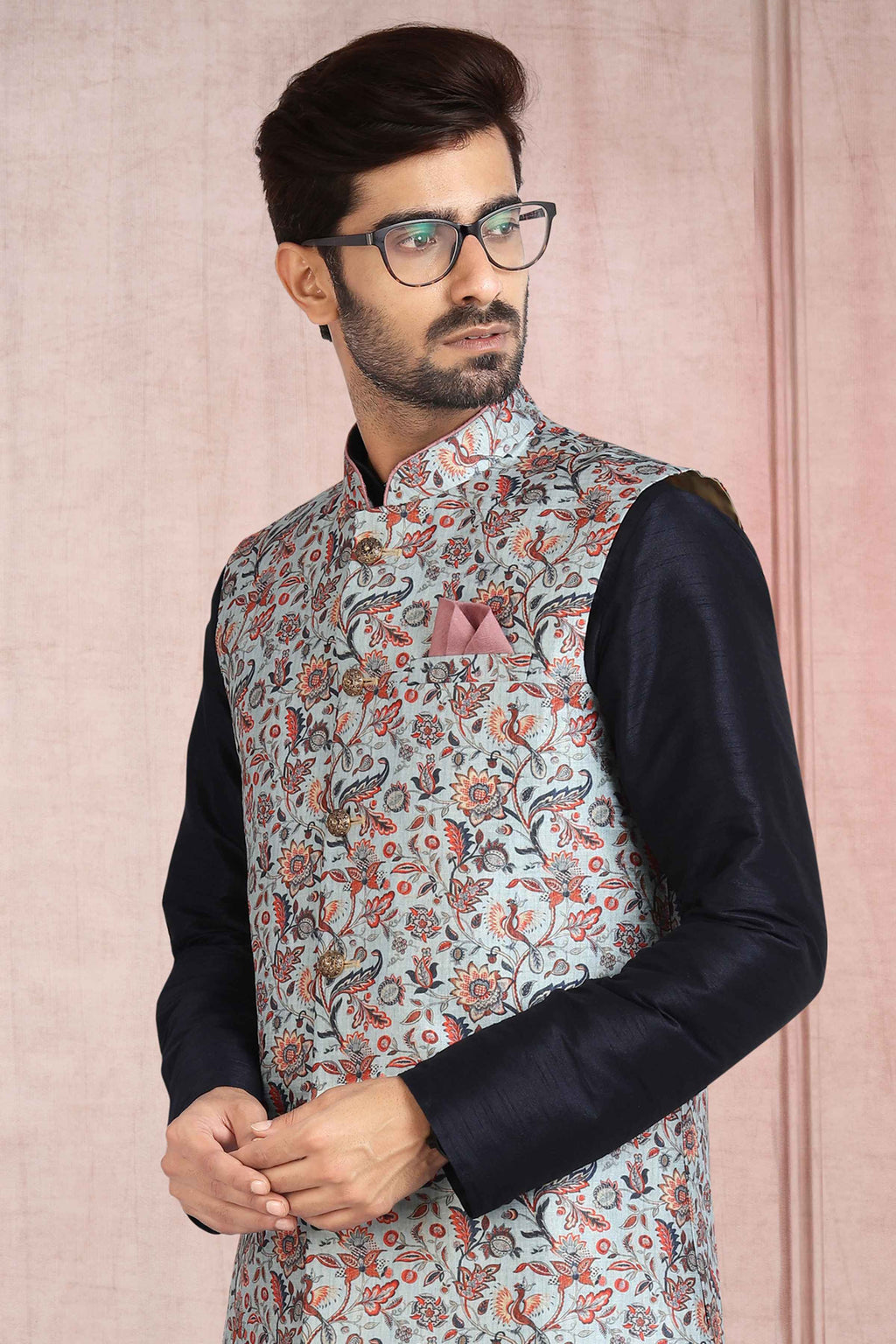 Raivat Ethnic Art Banarasi Silk Printed Work 3 Pics Jacket Set In Sky Blue Colour | Grocsy