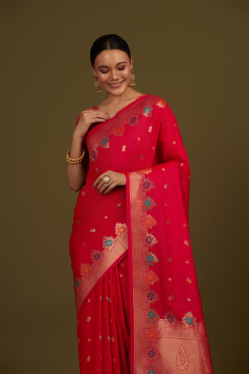 Monjolika Fashion Dark Pink Banarasi Silk Blend SareeWith Zari Woven Detailing | Grocsy