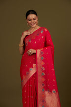 Monjolika Fashion Dark Pink Banarasi Silk Blend SareeWith Zari Woven Detailing | Grocsy