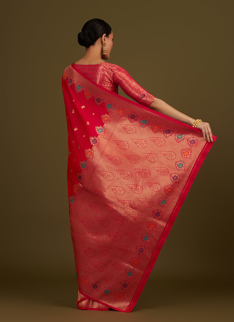 Monjolika Fashion Dark Pink Banarasi Silk Blend SareeWith Zari Woven Detailing | Grocsy