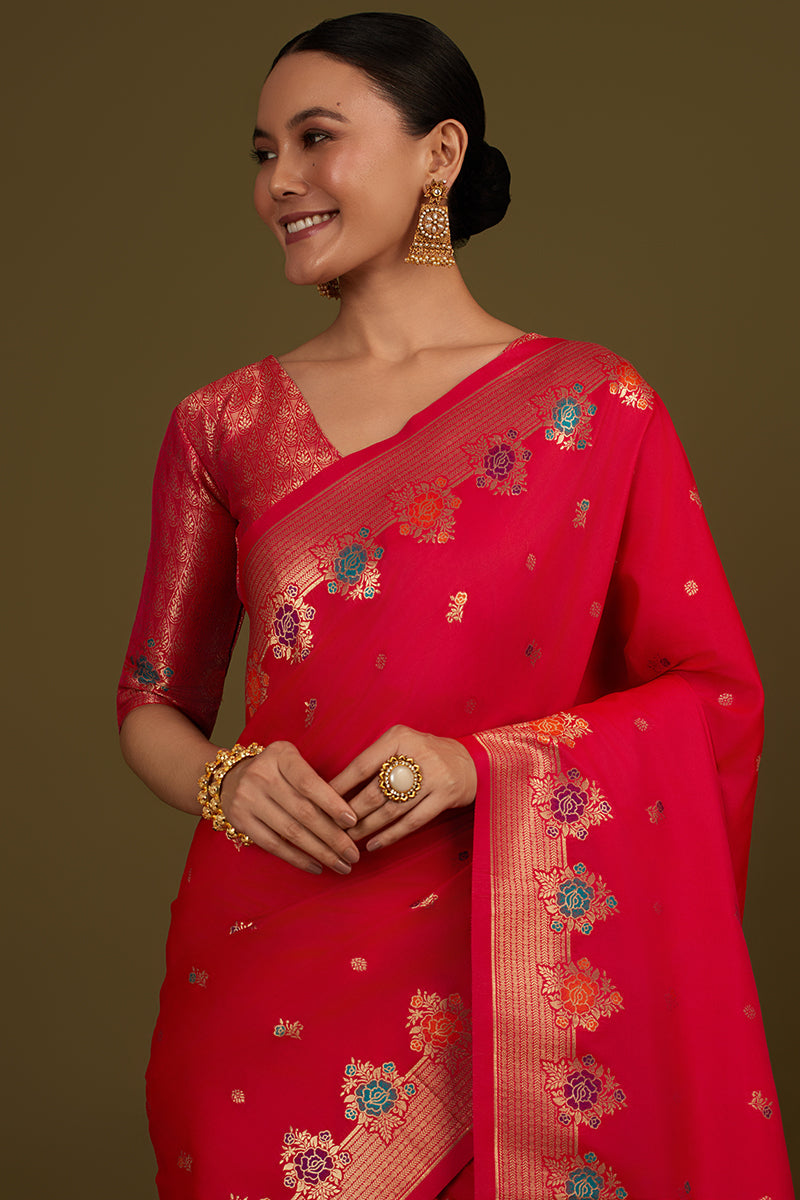 Monjolika Fashion Dark Pink Banarasi Silk Blend SareeWith Zari Woven Detailing | Grocsy