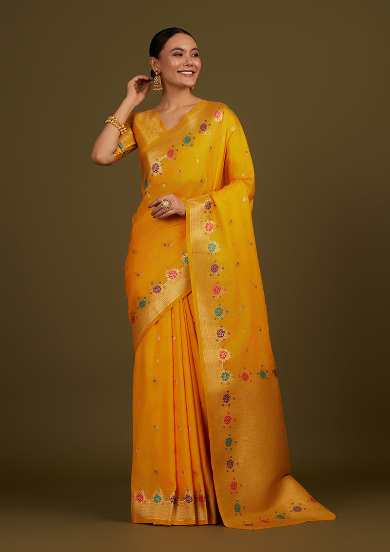 Monjolika Fashion Yellow Banarasi Silk Blend SareeWith Zari Woven Detailing | Grocsy
