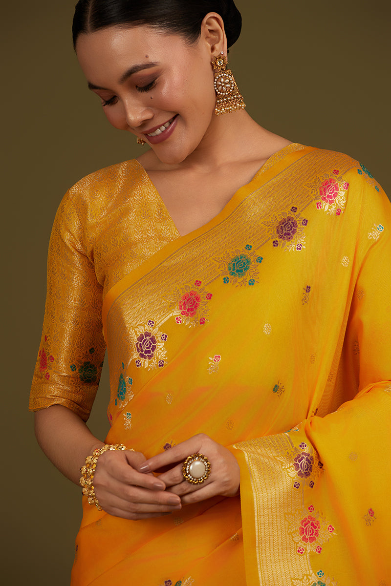Monjolika Fashion Yellow Banarasi Silk Blend SareeWith Zari Woven Detailing | Grocsy