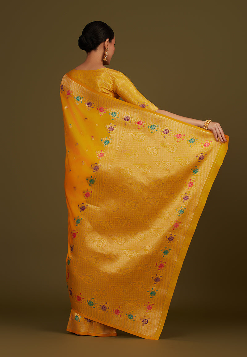 Monjolika Fashion Yellow Banarasi Silk Blend SareeWith Zari Woven Detailing | Grocsy