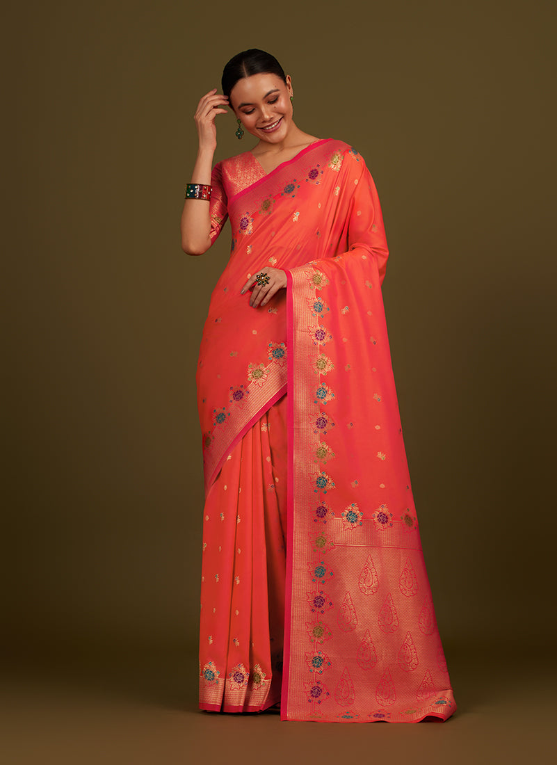 Monjolika Fashion Dark Peach Banarasi Silk Blend SareeWith Zari Woven Detailing | Grocsy