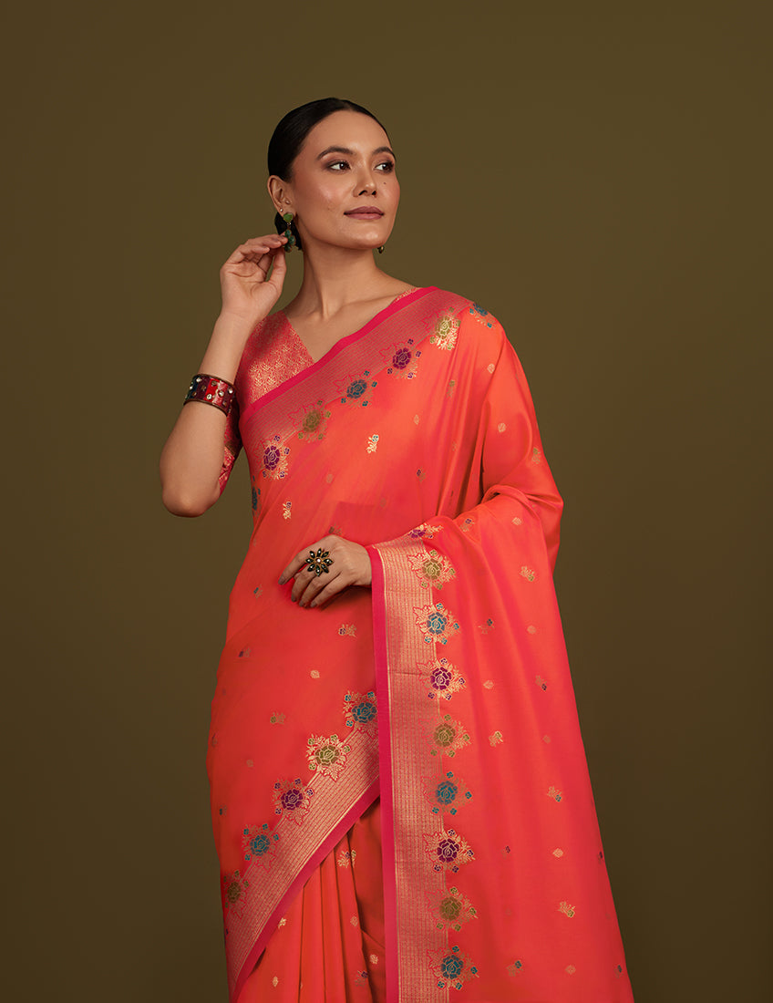 Monjolika Fashion Dark Peach Banarasi Silk Blend SareeWith Zari Woven Detailing | Grocsy