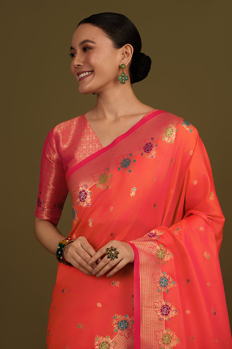 Monjolika Fashion Dark Peach Banarasi Silk Blend SareeWith Zari Woven Detailing | Grocsy