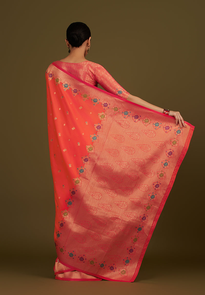 Monjolika Fashion Dark Peach Banarasi Silk Blend SareeWith Zari Woven Detailing | Grocsy