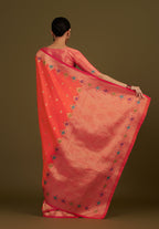 Monjolika Fashion Dark Peach Banarasi Silk Blend SareeWith Zari Woven Detailing | Grocsy