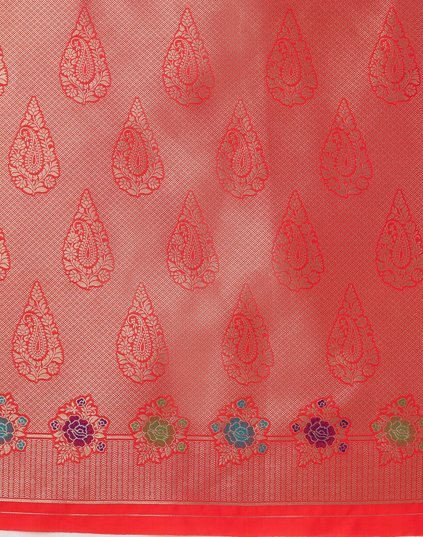 Monjolika Fashion Dark Peach Banarasi Silk Blend SareeWith Zari Woven Detailing | Grocsy