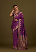 Monjolika Fashion Dark Violet Banarasi Silk Blend SareeWith Zari Woven Detailing | Grocsy