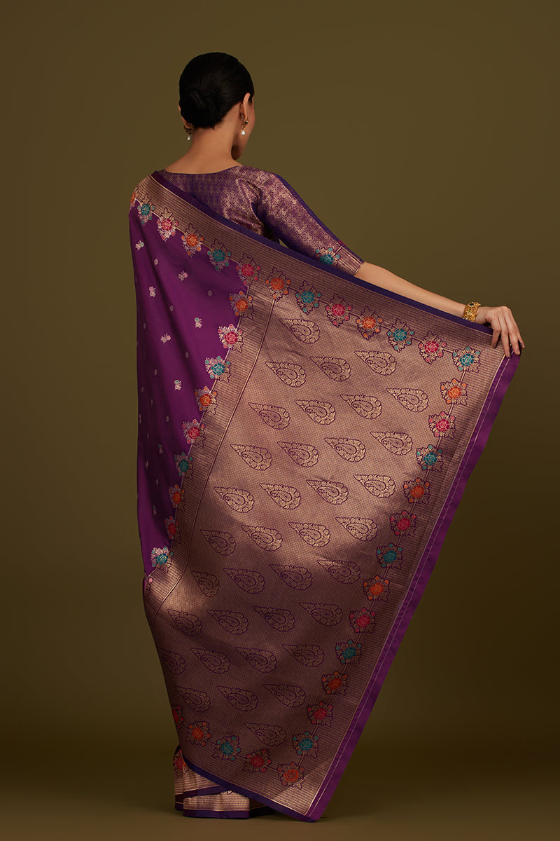 Monjolika Fashion Dark Violet Banarasi Silk Blend SareeWith Zari Woven Detailing | Grocsy