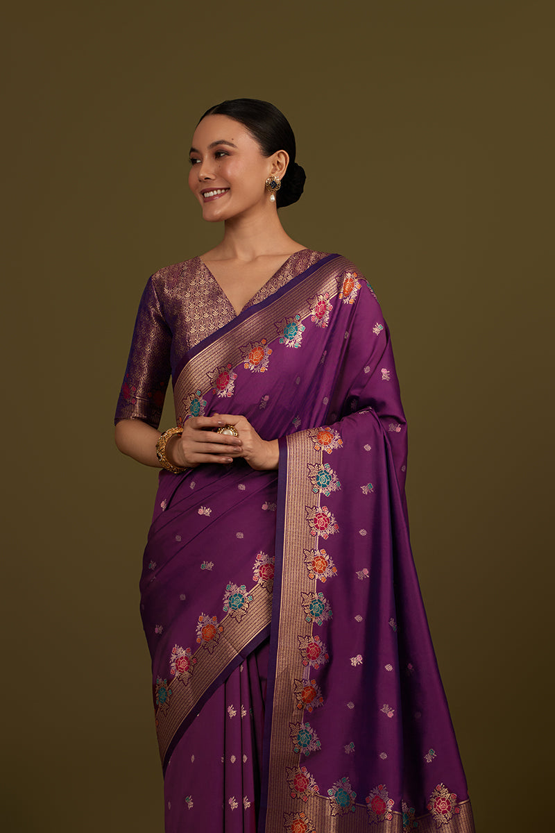 Monjolika Fashion Dark Violet Banarasi Silk Blend SareeWith Zari Woven Detailing | Grocsy