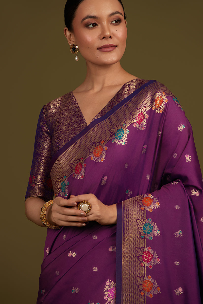 Monjolika Fashion Dark Violet Banarasi Silk Blend SareeWith Zari Woven Detailing | Grocsy