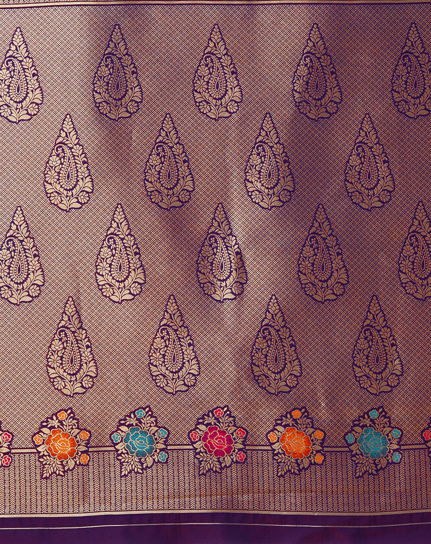 Monjolika Fashion Dark Violet Banarasi Silk Blend SareeWith Zari Woven Detailing | Grocsy