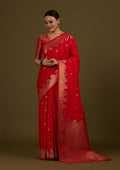 Monjolika Fashion Red Banarasi Silk Blend SareeWith Zari Woven Detailing | Grocsy