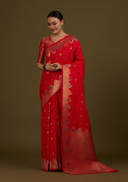 Monjolika Fashion Red Banarasi Silk Blend SareeWith Zari Woven Detailing | Grocsy