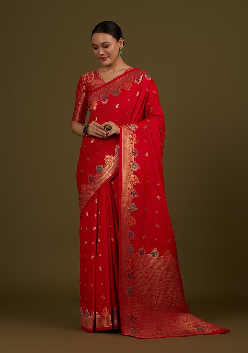 Monjolika Fashion Red Banarasi Silk Blend SareeWith Zari Woven Detailing | Grocsy