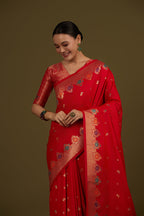 Monjolika Fashion Red Banarasi Silk Blend SareeWith Zari Woven Detailing | Grocsy