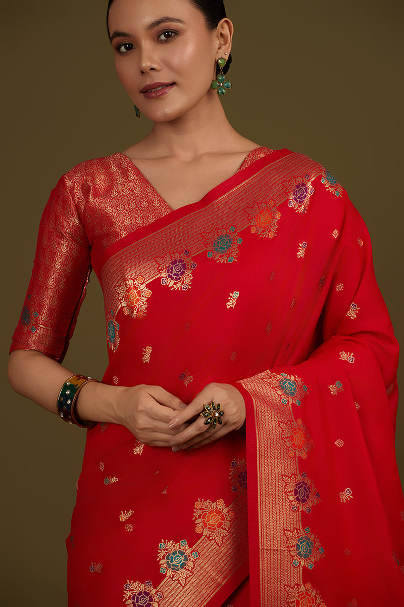 Monjolika Fashion Red Banarasi Silk Blend SareeWith Zari Woven Detailing | Grocsy