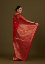 Monjolika Fashion Red Banarasi Silk Blend SareeWith Zari Woven Detailing | Grocsy